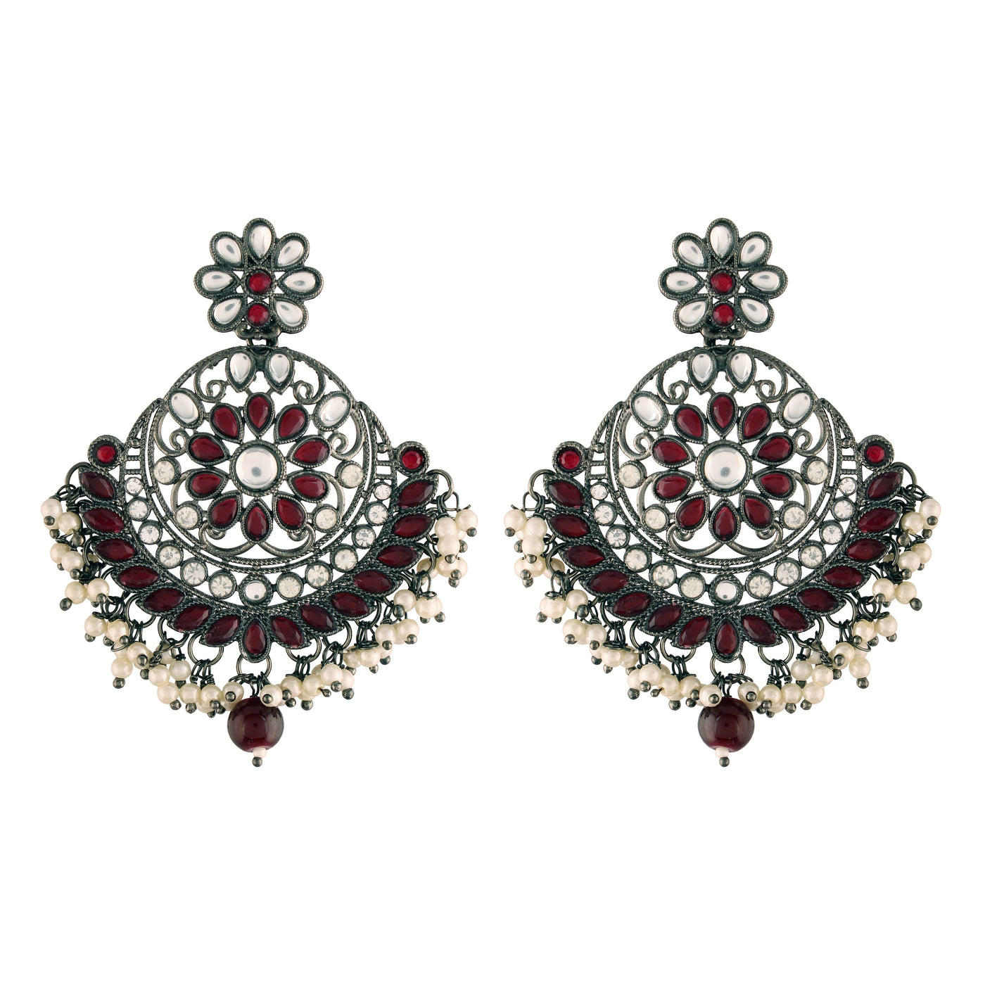 Women's I Jewels 18K Silver Oxidised Traditional Kundan & Stone Studded Chandbali Earrings (E2947Zm)