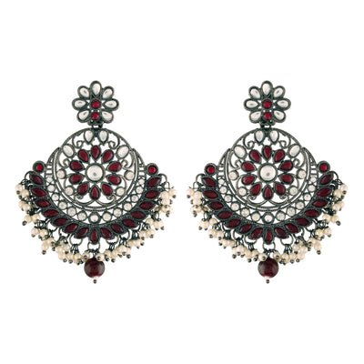 Women's I Jewels 18K Silver Oxidised Traditional Kundan & Stone Studded Chandbali Earrings (E2947Zm)