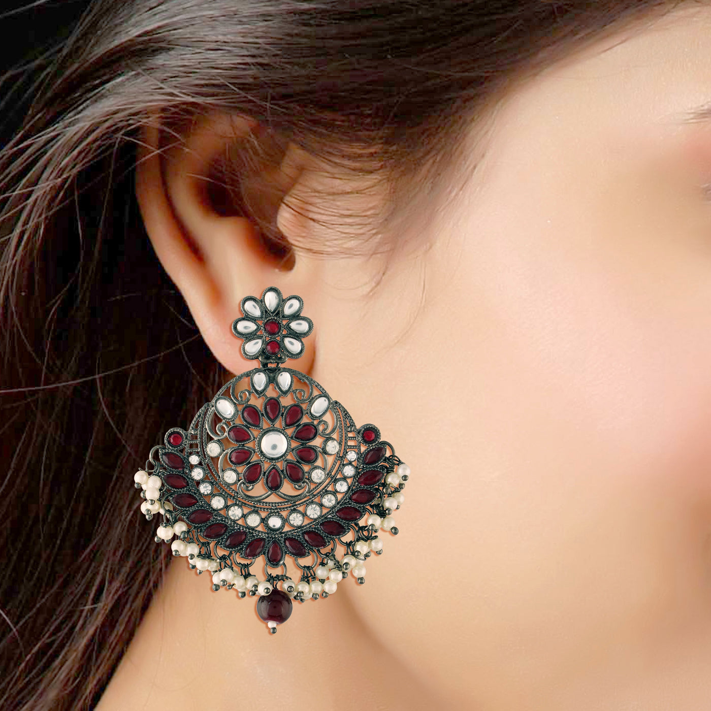 Women's I Jewels 18K Silver Oxidised Traditional Kundan & Stone Studded Chandbali Earrings (E2947Zm)