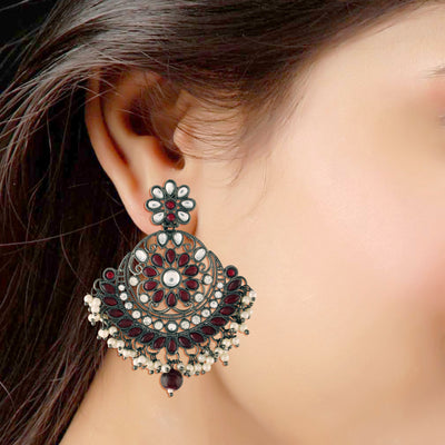Women's I Jewels 18K Silver Oxidised Traditional Kundan & Stone Studded Chandbali Earrings (E2947Zm)