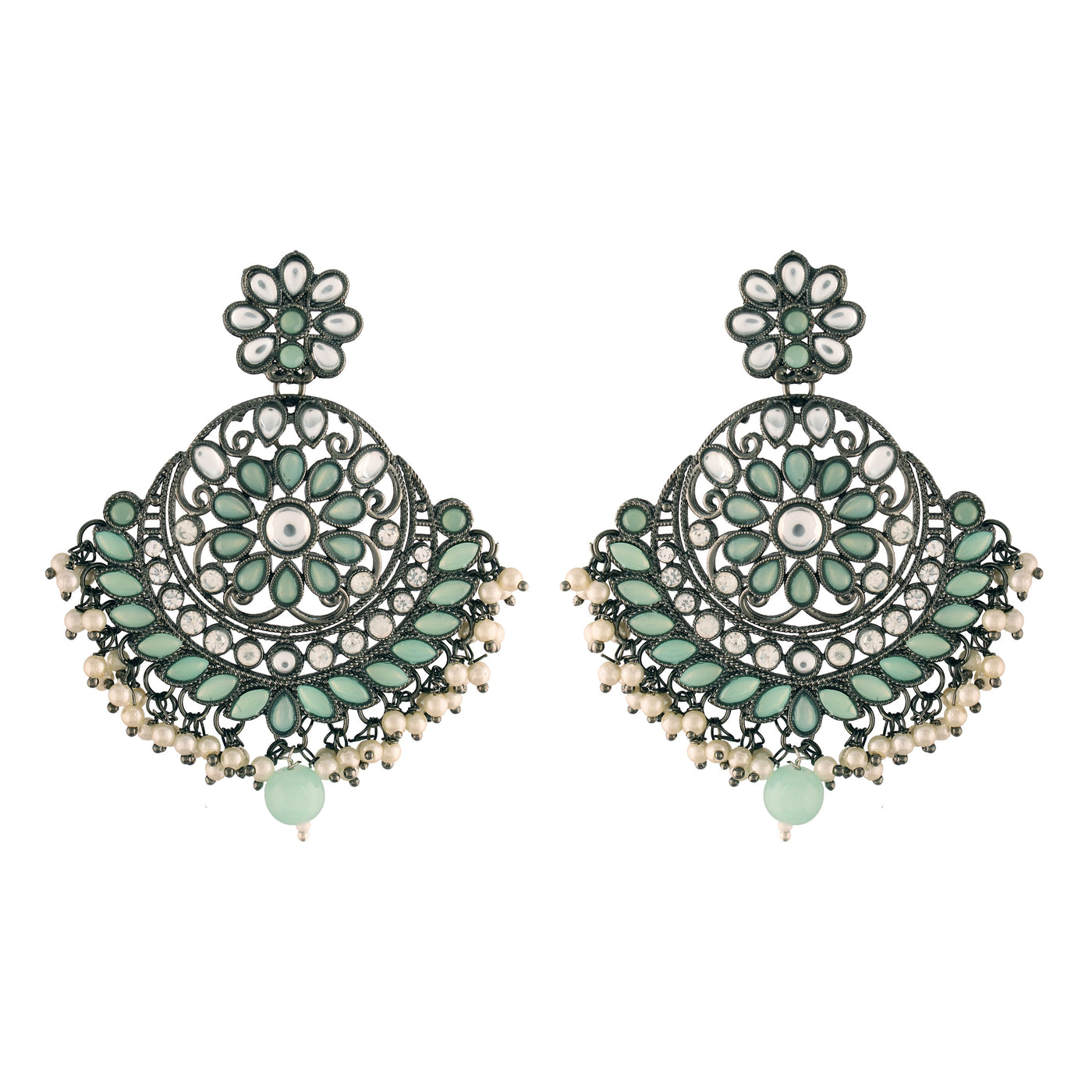 Women's I Jewels 18K Silver Oxidised Traditional Kundan & Stone Studded Chandbali Earrings (E2947Zmin)