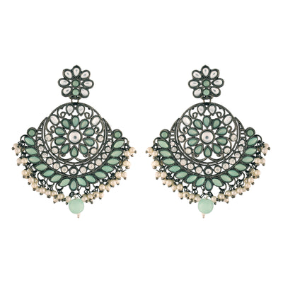 Women's I Jewels 18K Silver Oxidised Traditional Kundan & Stone Studded Chandbali Earrings (E2947Zmin)