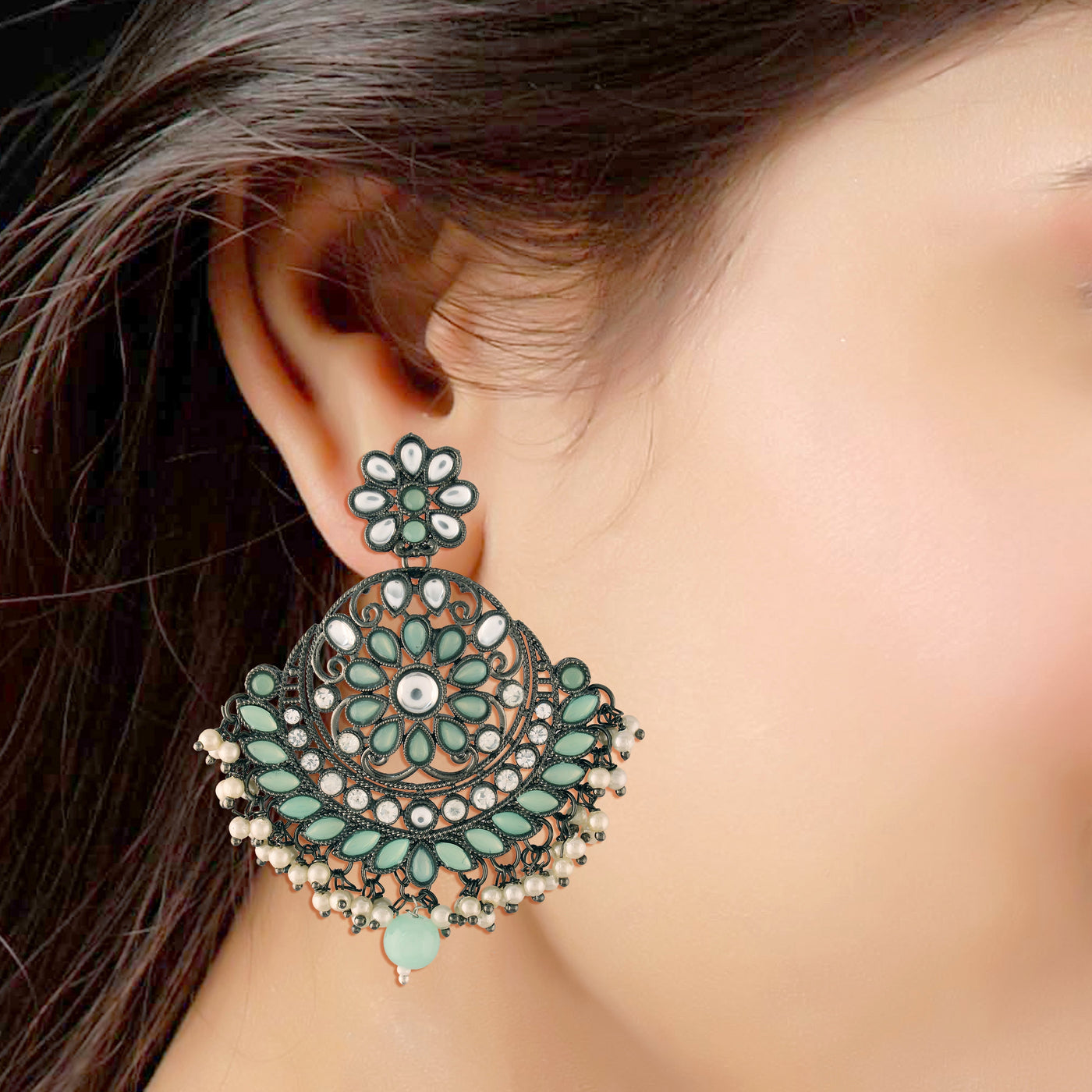 Women's I Jewels 18K Silver Oxidised Traditional Kundan & Stone Studded Chandbali Earrings (E2947Zmin)