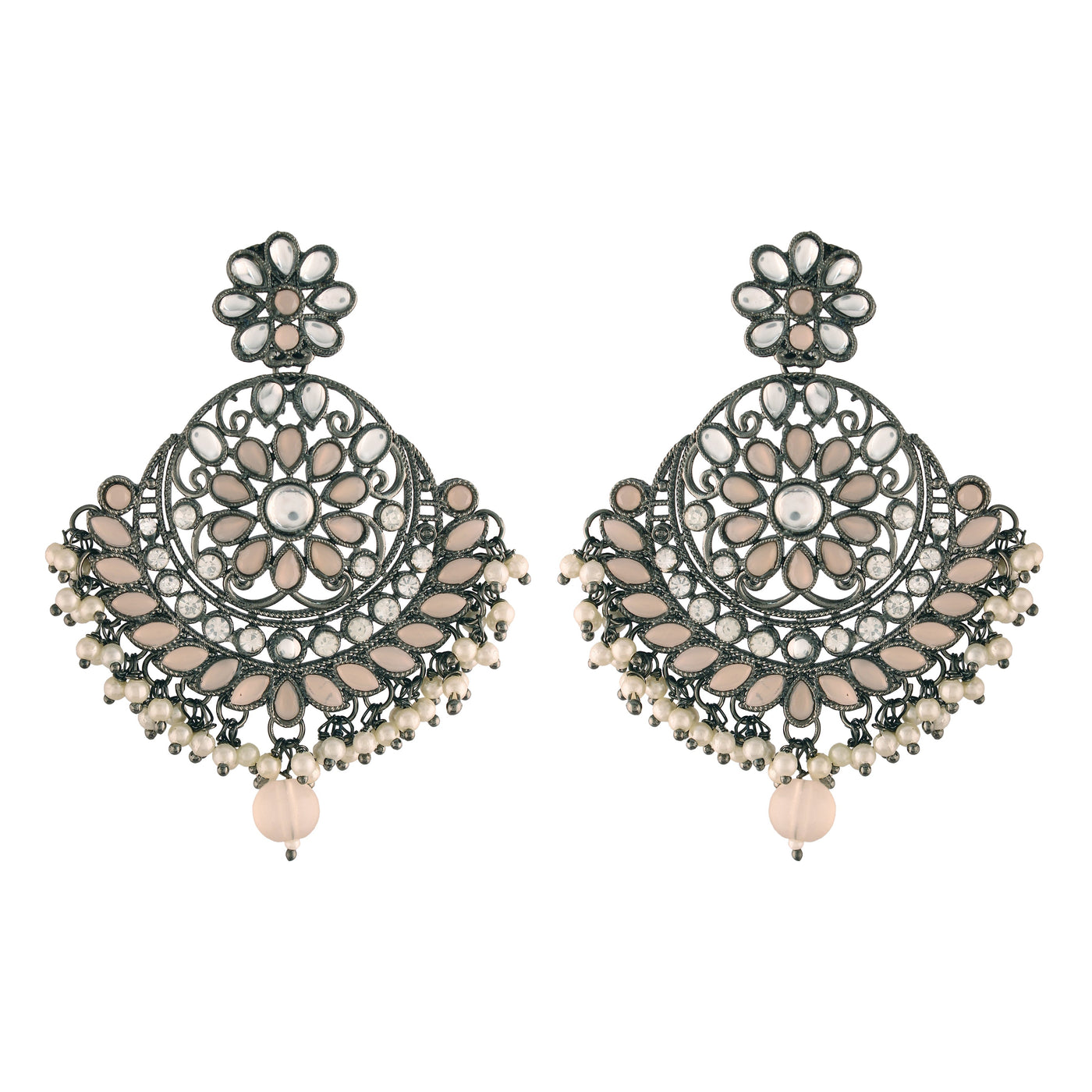 Women's I Jewels 18K Silver Oxidised Traditional Kundan & Stone Studded Chandbali Earrings (E2947Zpe)
