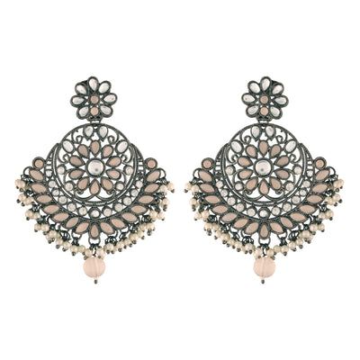 Women's I Jewels 18K Silver Oxidised Traditional Kundan & Stone Studded Chandbali Earrings (E2947Zpe)