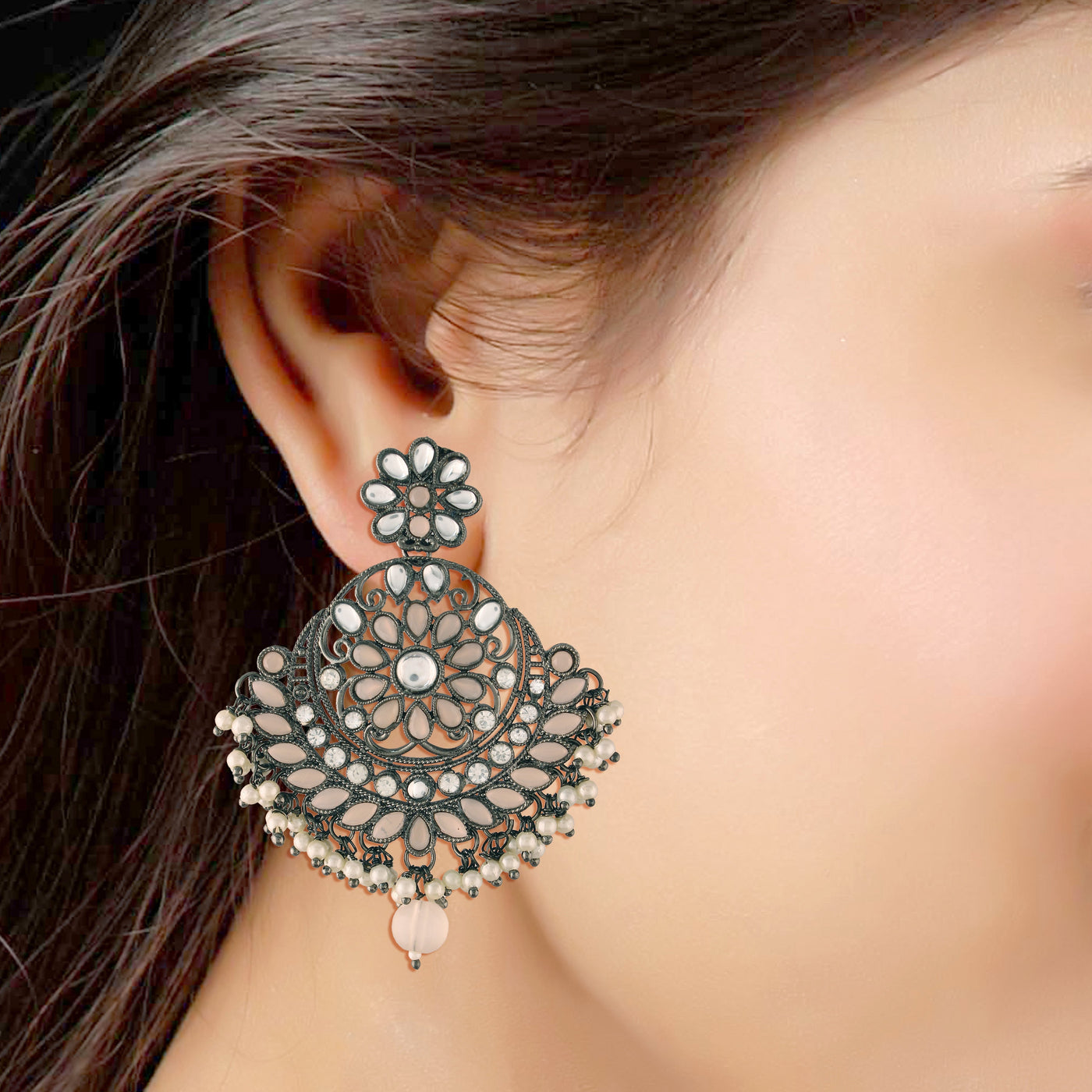 Women's I Jewels 18K Silver Oxidised Traditional Kundan & Stone Studded Chandbali Earrings (E2947Zpe)