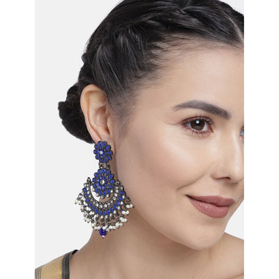 Women's I Jewels 18K Silver Oxidised Traditional Meenakari Kundan & Stone Studded Chandbali Earrings (E2948Zbl)