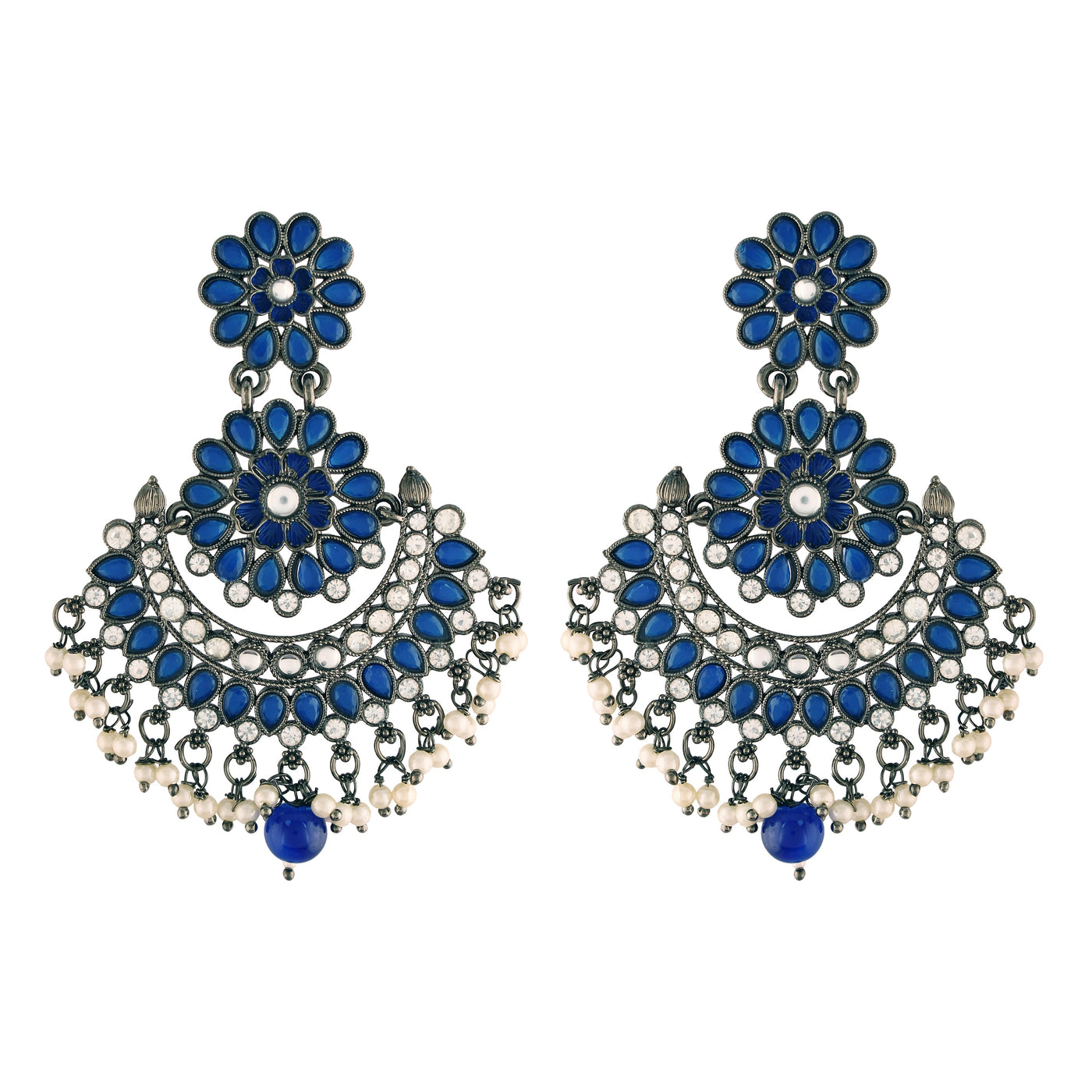 Women's I Jewels 18K Silver Oxidised Traditional Meenakari Kundan & Stone Studded Chandbali Earrings (E2948Zbl)