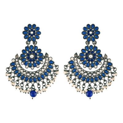 Women's I Jewels 18K Silver Oxidised Traditional Meenakari Kundan & Stone Studded Chandbali Earrings (E2948Zbl)