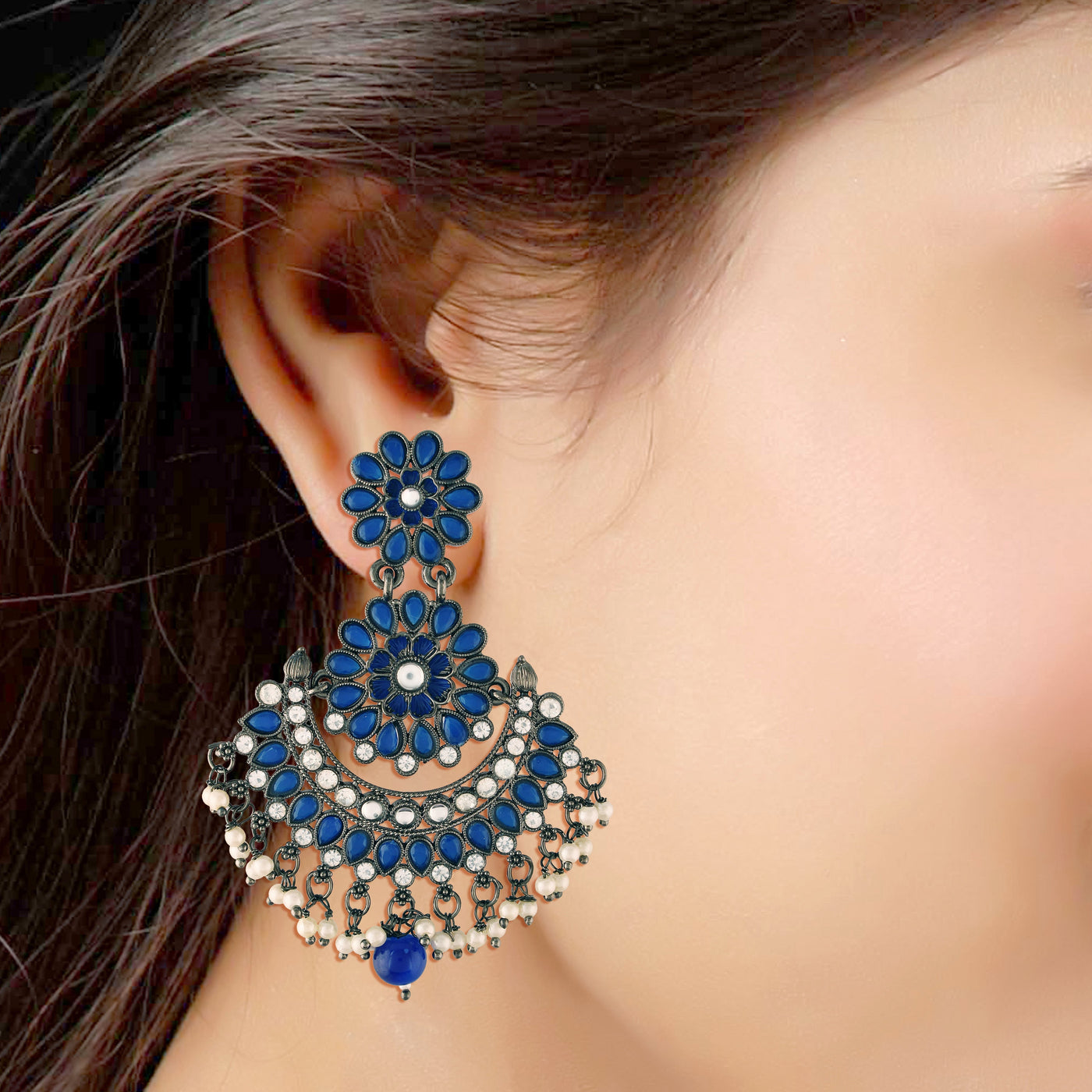 Women's I Jewels 18K Silver Oxidised Traditional Meenakari Kundan & Stone Studded Chandbali Earrings (E2948Zbl)