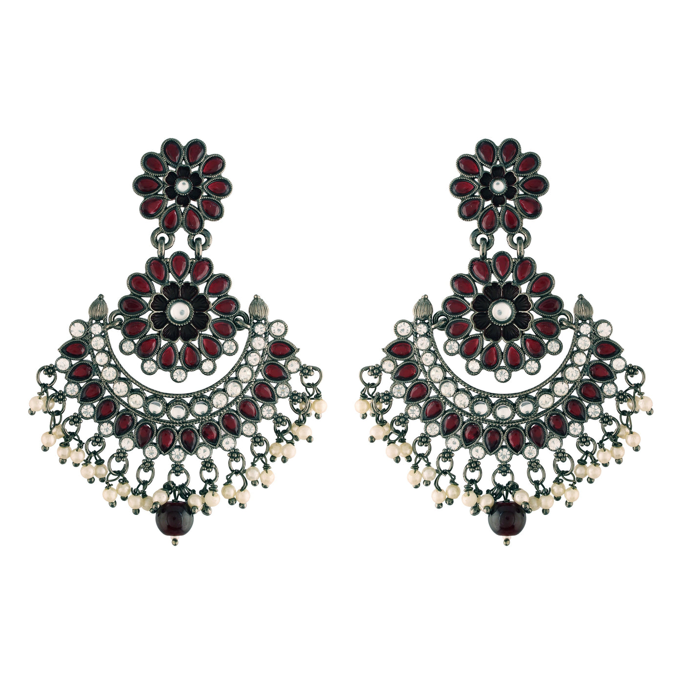 Women's I Jewels 18K Silver Oxidised Traditional Meenakari Kundan & Stone Studded Chandbali Earrings (E2948Zm)