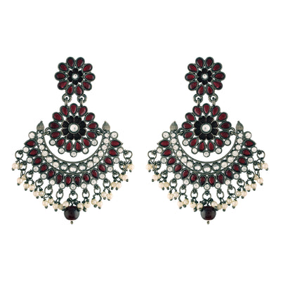 Women's I Jewels 18K Silver Oxidised Traditional Meenakari Kundan & Stone Studded Chandbali Earrings (E2948Zm)