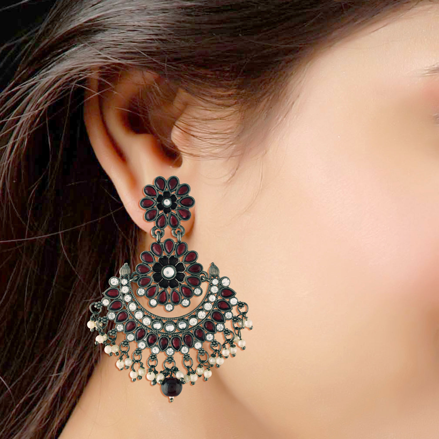 Women's I Jewels 18K Silver Oxidised Traditional Meenakari Kundan & Stone Studded Chandbali Earrings (E2948Zm)