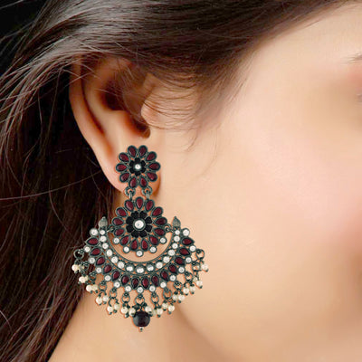 Women's I Jewels 18K Silver Oxidised Traditional Meenakari Kundan & Stone Studded Chandbali Earrings (E2948Zm)