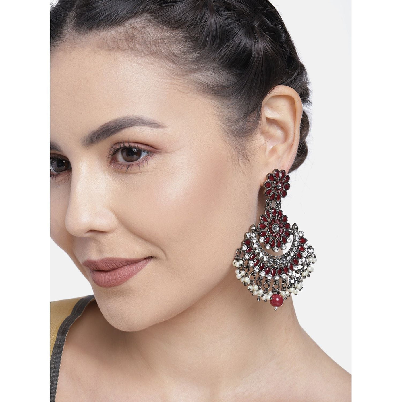 Women's I Jewels 18K Silver Oxidised Traditional Meenakari Kundan & Stone Studded Chandbali Earrings (E2948Zm)