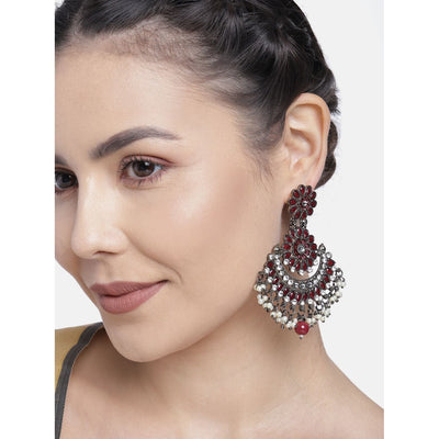 Women's I Jewels 18K Silver Oxidised Traditional Meenakari Kundan & Stone Studded Chandbali Earrings (E2948Zm)