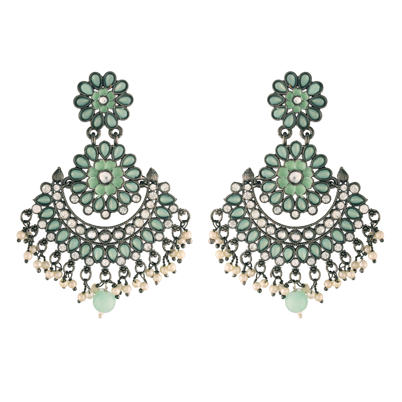 Women's I Jewels 18K Silver Oxidised Traditional Meenakari Kundan & Stone Studded Chandbali Earrings (E2948Zmin)