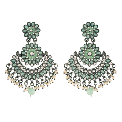 Women's I Jewels 18K Silver Oxidised Traditional Meenakari Kundan & Stone Studded Chandbali Earrings (E2948Zmin)