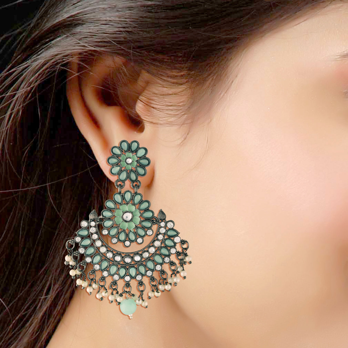 Women's I Jewels 18K Silver Oxidised Traditional Meenakari Kundan & Stone Studded Chandbali Earrings (E2948Zmin)