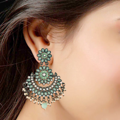 Women's I Jewels 18K Silver Oxidised Traditional Meenakari Kundan & Stone Studded Chandbali Earrings (E2948Zmin)