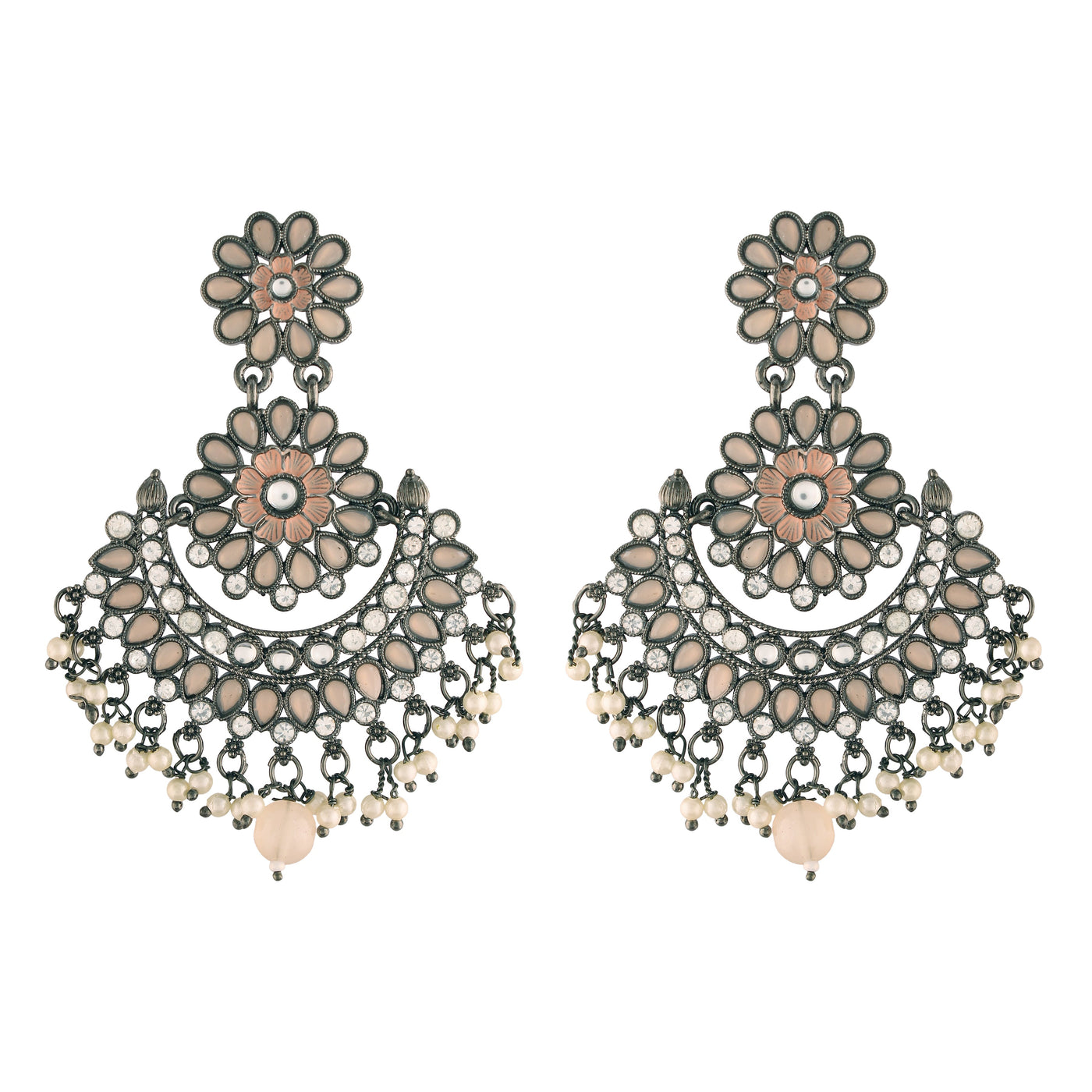 Women's I Jewels 18K Silver Oxidised Traditional Meenakari Kundan & Stone Studded Chandbali Earrings (E2948Zpe)