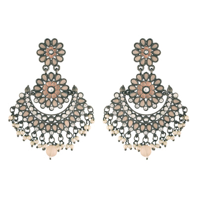 Women's I Jewels 18K Silver Oxidised Traditional Meenakari Kundan & Stone Studded Chandbali Earrings (E2948Zpe)