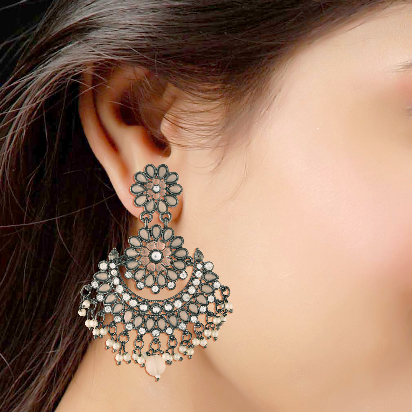 Women's I Jewels 18K Silver Oxidised Traditional Meenakari Kundan & Stone Studded Chandbali Earrings (E2948Zpe)