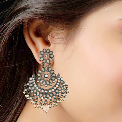 Women's I Jewels 18K Silver Oxidised Traditional Meenakari Kundan & Stone Studded Chandbali Earrings (E2948Zpe)