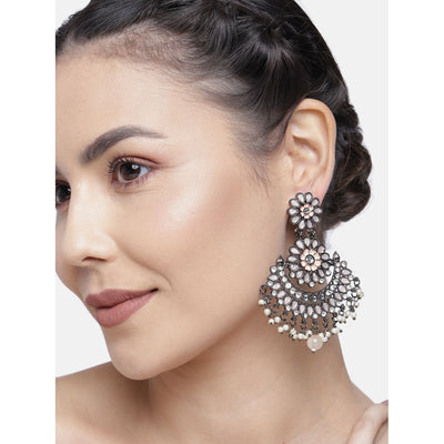 Women's I Jewels 18K Silver Oxidised Traditional Meenakari Kundan & Stone Studded Chandbali Earrings (E2948Zpe)