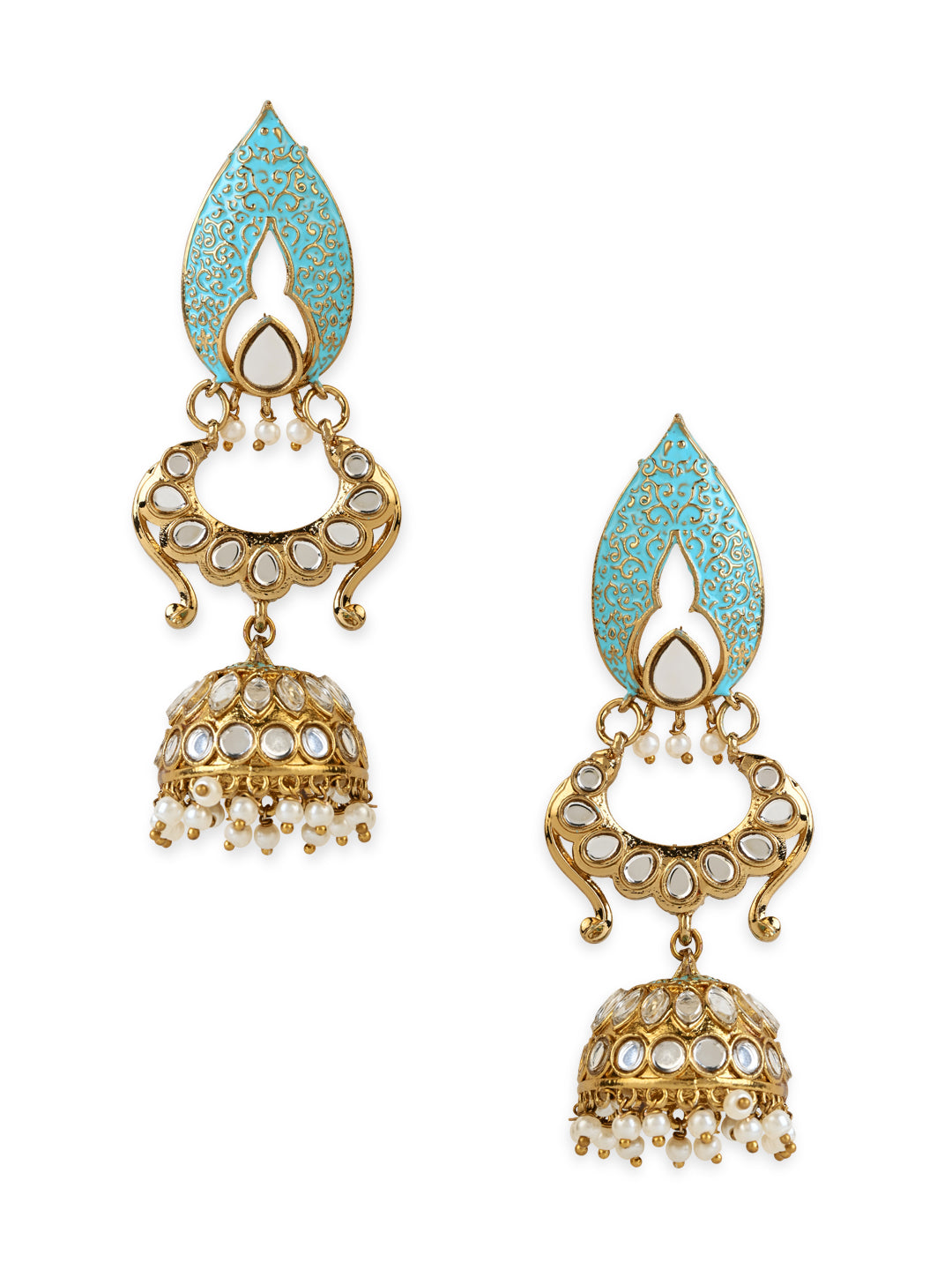 Women's I Jewels 18K Gold Plated Traditional Meenakari Kundan & Stone Studded Jhumka Earrings (E2949Bl)