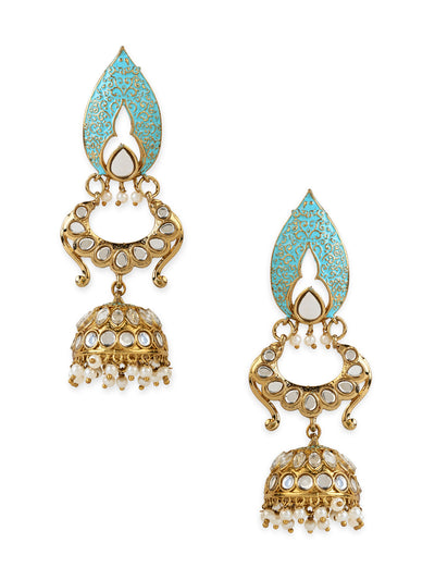 Women's I Jewels 18K Gold Plated Traditional Meenakari Kundan & Stone Studded Jhumka Earrings (E2949Bl)