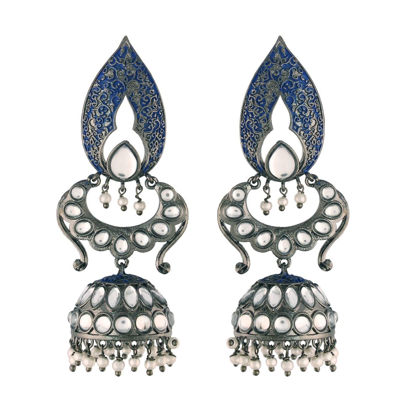 Women's I Jewels 18K Silver Oxidised Traditional Meenakari Kundan & Stone Studded Jhumka Earrings (E2949Zbl)