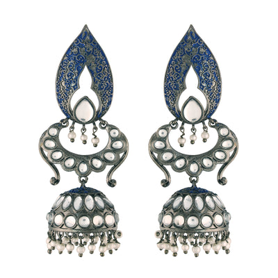 Women's I Jewels 18K Silver Oxidised Traditional Meenakari Kundan & Stone Studded Jhumka Earrings (E2949Zbl)