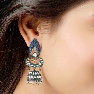 Women's I Jewels 18K Silver Oxidised Traditional Meenakari Kundan & Stone Studded Jhumka Earrings (E2949Zbl)