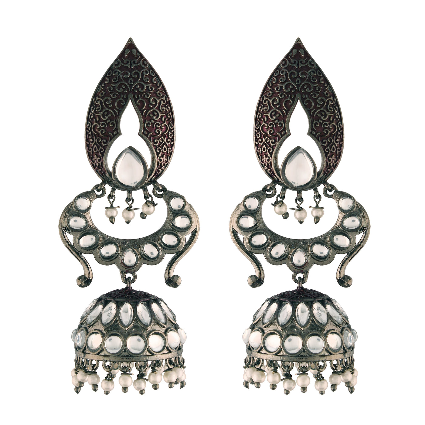 Women's I Jewels 18K Silver Oxidised Traditional Meenakari Kundan & Stone Studded Jhumka Earrings (E2949Zm)
