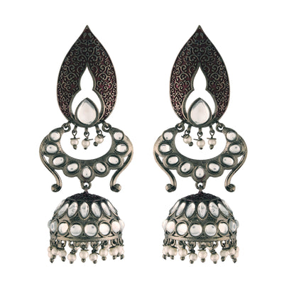 Women's I Jewels 18K Silver Oxidised Traditional Meenakari Kundan & Stone Studded Jhumka Earrings (E2949Zm)