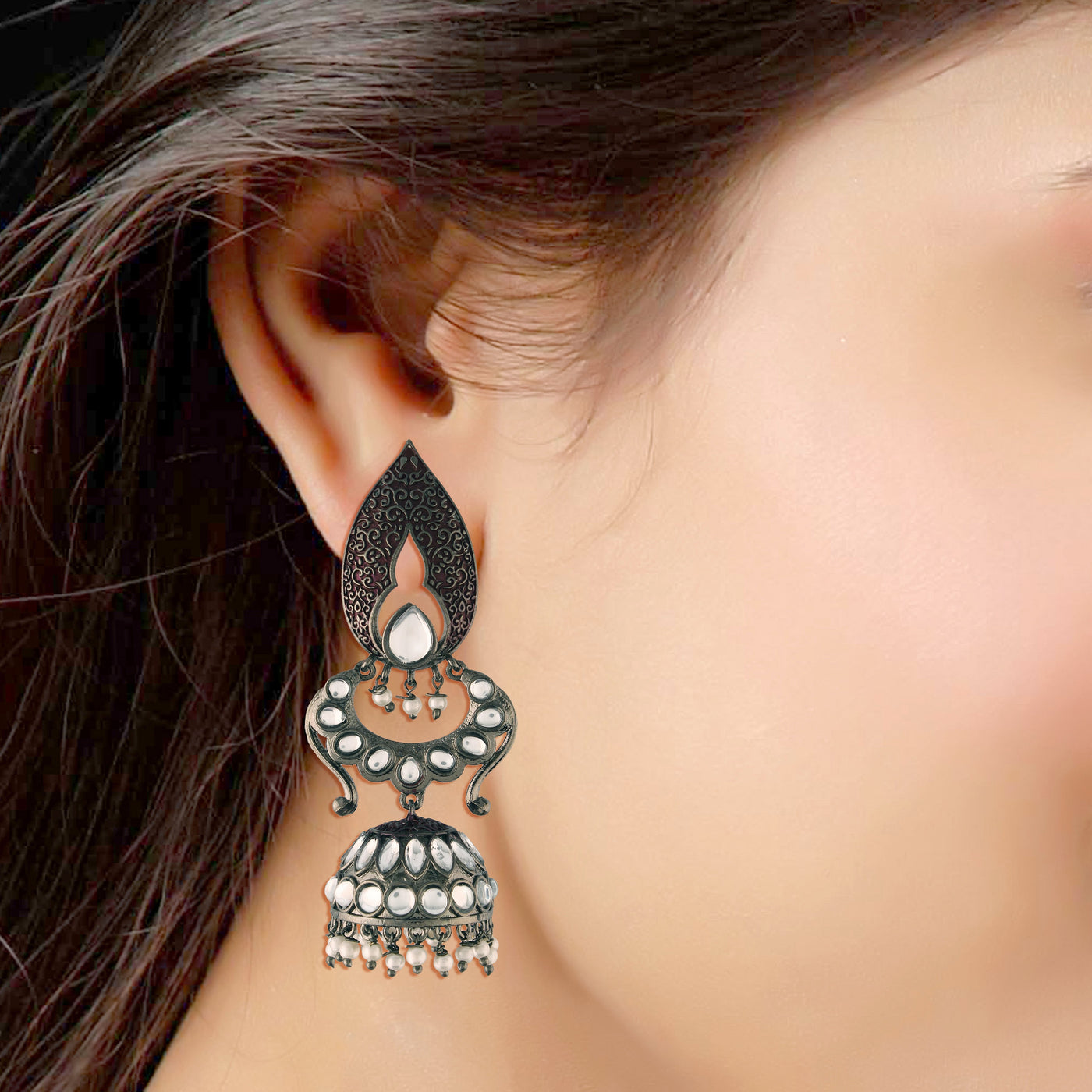 Women's I Jewels 18K Silver Oxidised Traditional Meenakari Kundan & Stone Studded Jhumka Earrings (E2949Zm)