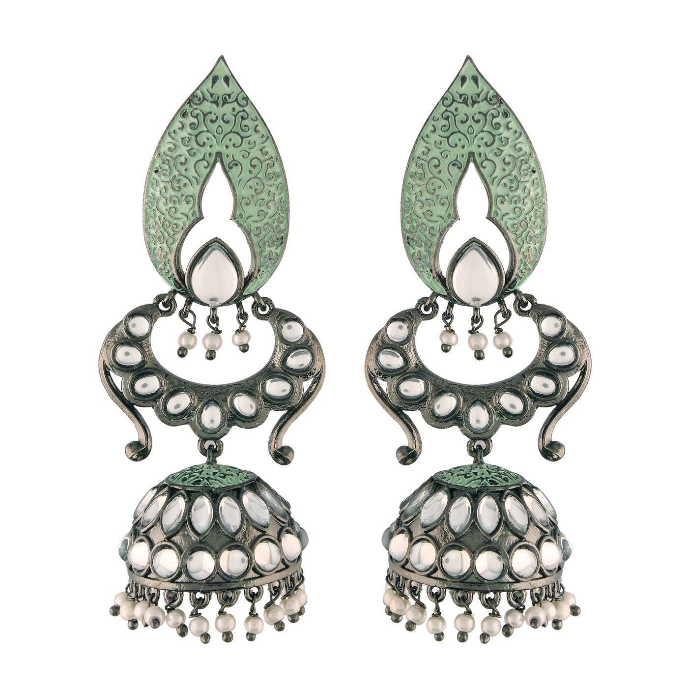 Women's I Jewels 18K Silver Oxidised Traditional Meenakari Kundan & Stone Studded Jhumka Earrings (E2949Zmin)