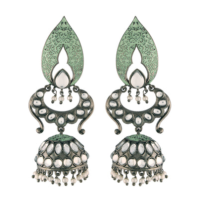 Women's I Jewels 18K Silver Oxidised Traditional Meenakari Kundan & Stone Studded Jhumka Earrings (E2949Zmin)
