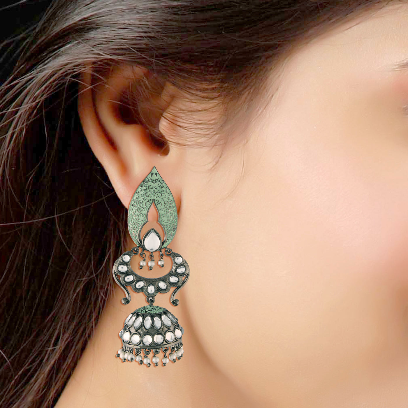 Women's I Jewels 18K Silver Oxidised Traditional Meenakari Kundan & Stone Studded Jhumka Earrings (E2949Zmin)