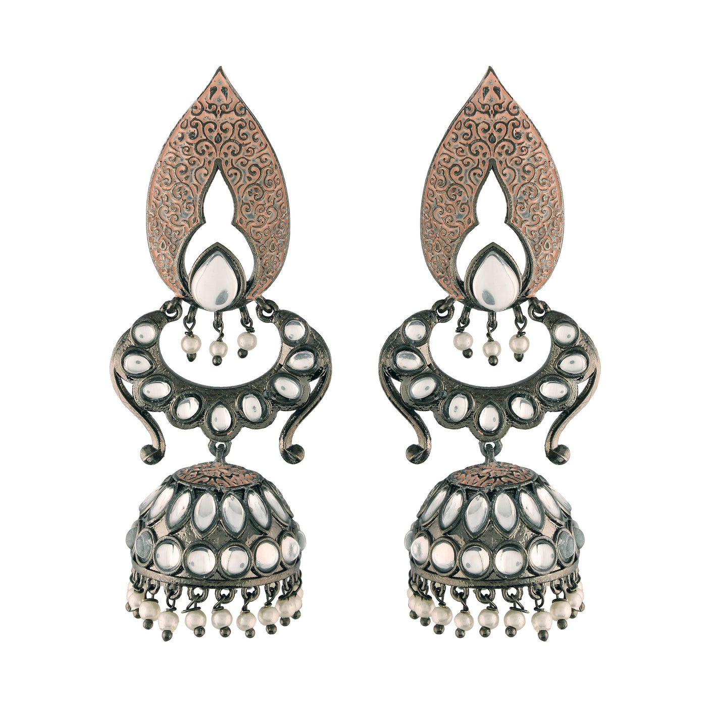 Women's I Jewels 18K Silver Oxidised Traditional Meenakari Kundan & Stone Studded Jhumka Earrings (E2949Zpe)
