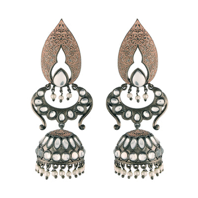 Women's I Jewels 18K Silver Oxidised Traditional Meenakari Kundan & Stone Studded Jhumka Earrings (E2949Zpe)