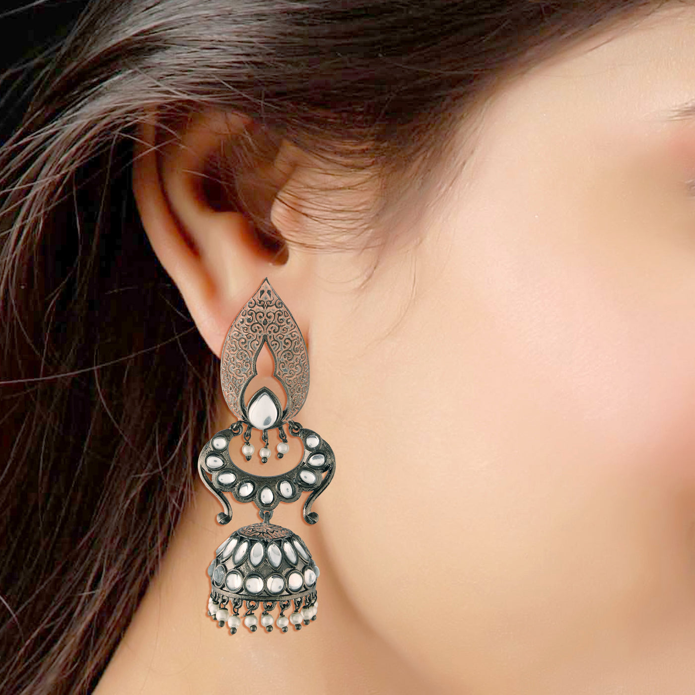Women's I Jewels 18K Silver Oxidised Traditional Meenakari Kundan & Stone Studded Jhumka Earrings (E2949Zpe)