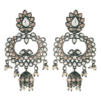 Women's I Jewels 18K Silver Oxidised Traditional Kundan & Stone Studded Jhumka Earrings (E2950Zpe)