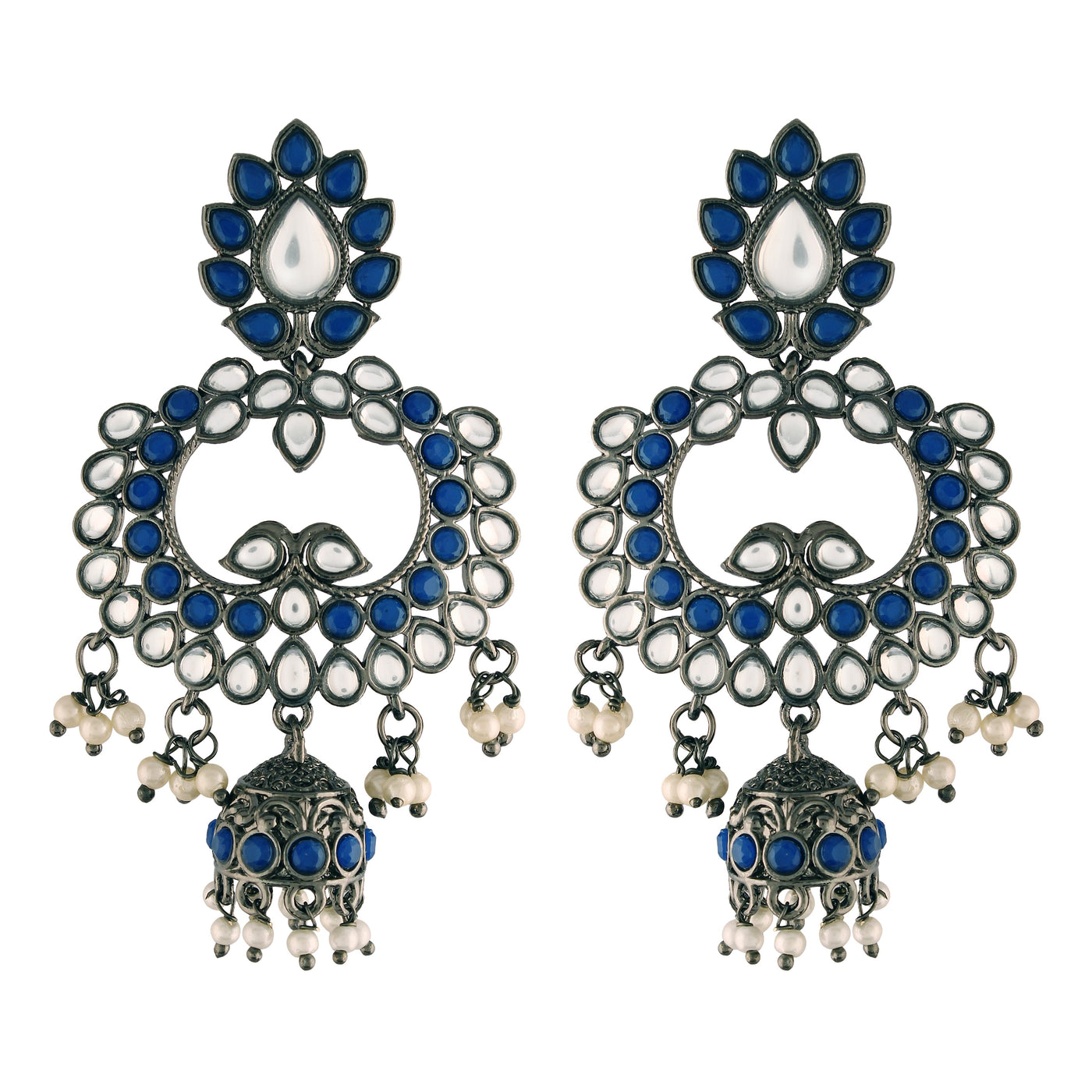 Women's I Jewels 18K Silver Oxidised Traditional Kundan & Stone Studded Jhumka Earrings (E2950Zbl)