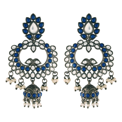Women's I Jewels 18K Silver Oxidised Traditional Kundan & Stone Studded Jhumka Earrings (E2950Zbl)