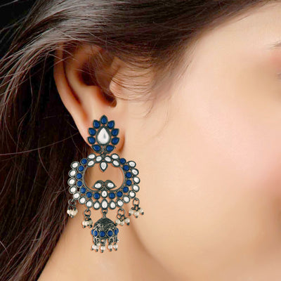 Women's I Jewels 18K Silver Oxidised Traditional Kundan & Stone Studded Jhumka Earrings (E2950Zbl)