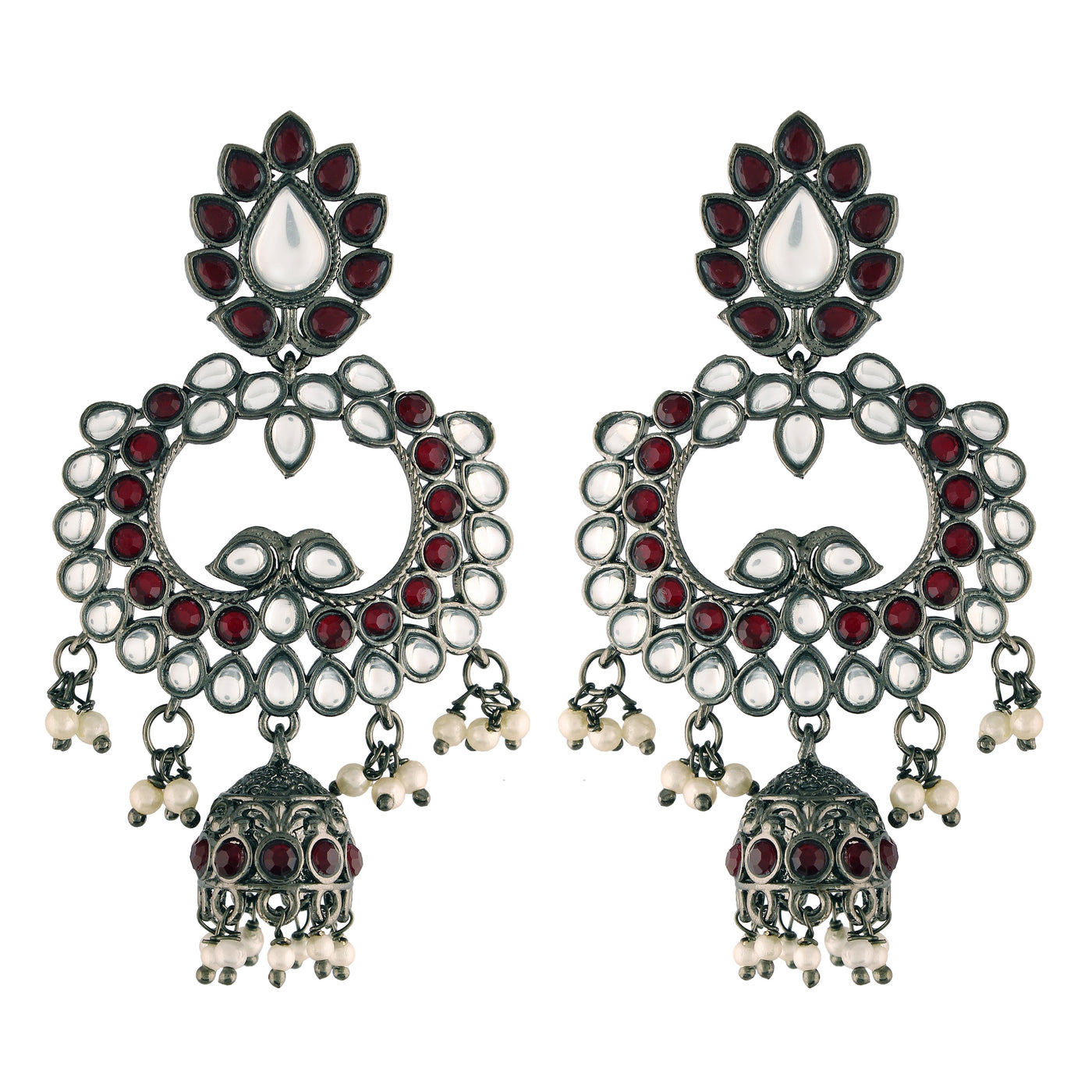 Women's I Jewels 18K Silver Oxidised Traditional Kundan & Stone Studded Jhumka Earrings (E2950Zm)
