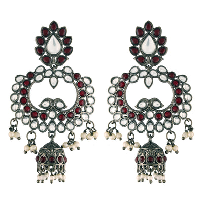 Women's I Jewels 18K Silver Oxidised Traditional Kundan & Stone Studded Jhumka Earrings (E2950Zm)