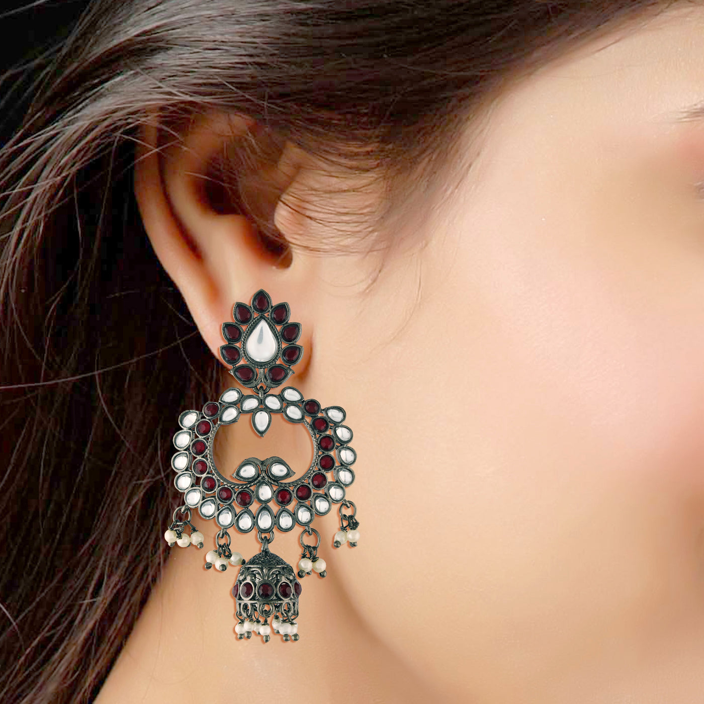 Women's I Jewels 18K Silver Oxidised Traditional Kundan & Stone Studded Jhumka Earrings (E2950Zm)